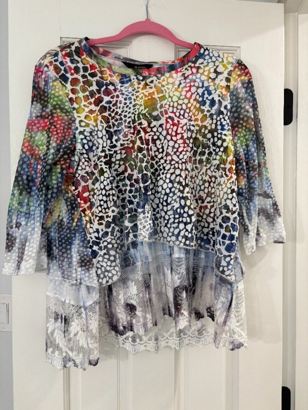 Ali Miles Artsy Abstract Layered Lace Tunic Top 3/4 sleeve - Size Large (Petite)